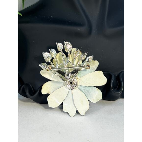 Vintage Coro Flower Brooch Teal Blue Enamel Rhinestone Leaves MCM Ornate RARE - Picture 5 of 16